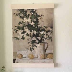 NWOT Vintage style canvas art hanging print vase of flowers with lemons